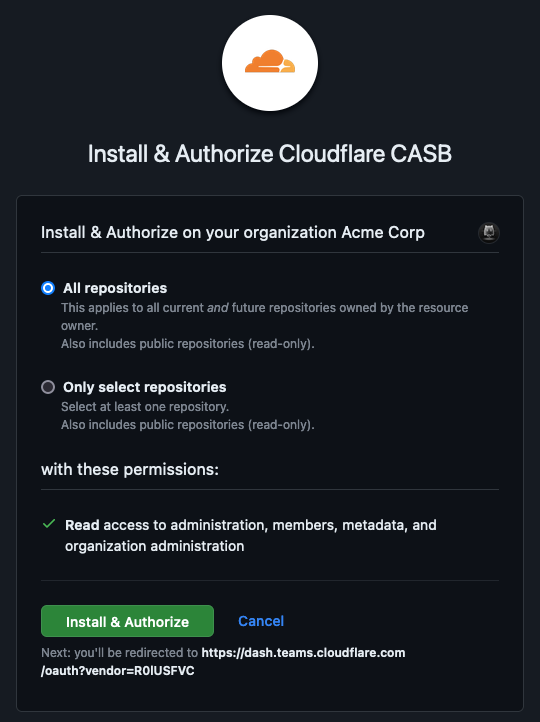 Screenshot of the GitHub authorization screen when installing the Cloudflare CASB app